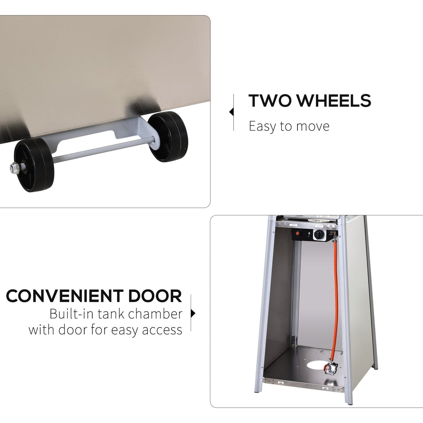 Stainless steel flame tower patio heater showing tank access and wheels, 10.5KW freestanding silver design for easy garden mobility and refuelling