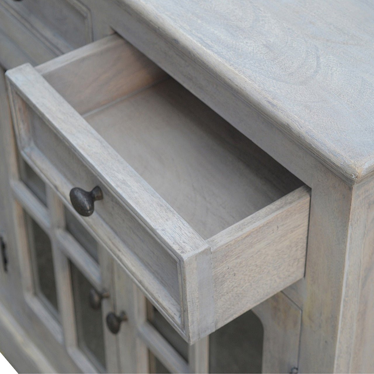 The Alnwick Glazed Sideboard — Stone - Washed Oak with Heirloom Detailing - The Timeless Trading Co.