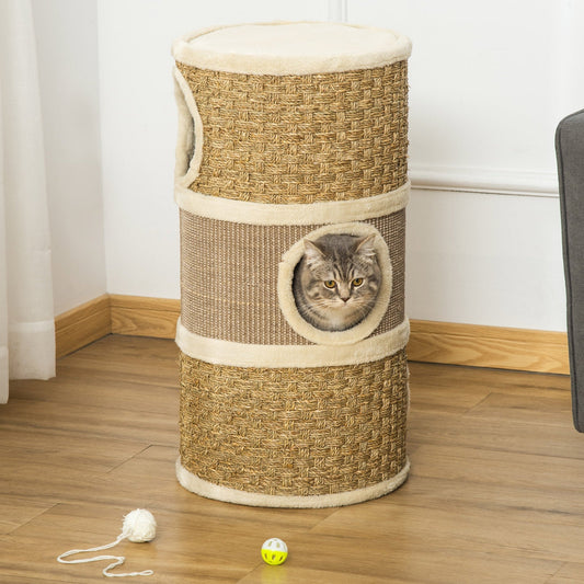 The Bramble Paws Cat Barrel – Indoor Scratching Tower with Sisal, Seaweed Rope & Plush Dens - The Timeless Trading Co.