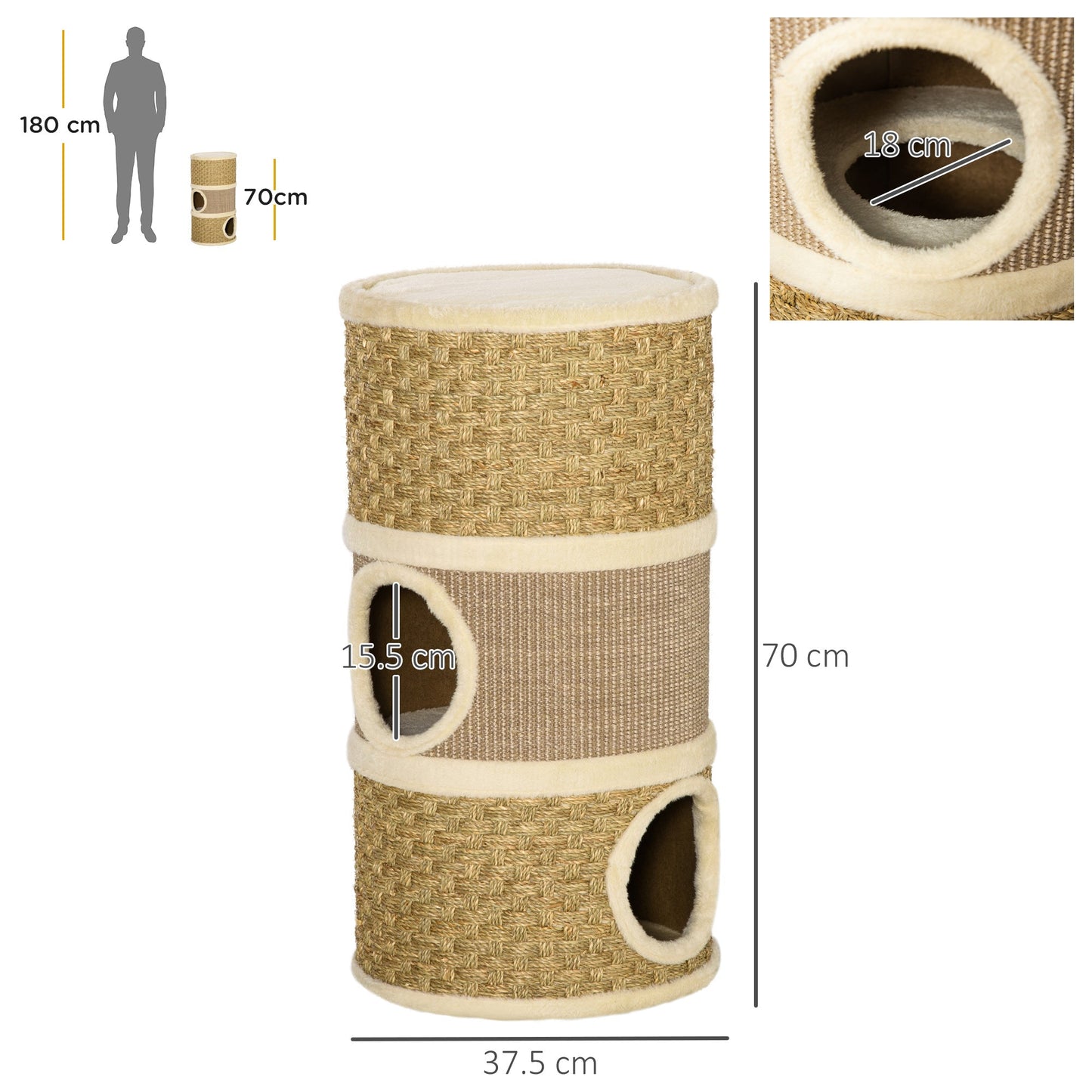 The Bramble Paws Cat Barrel – Indoor Scratching Tower with Sisal, Seaweed Rope & Plush Dens - The Timeless Trading Co.