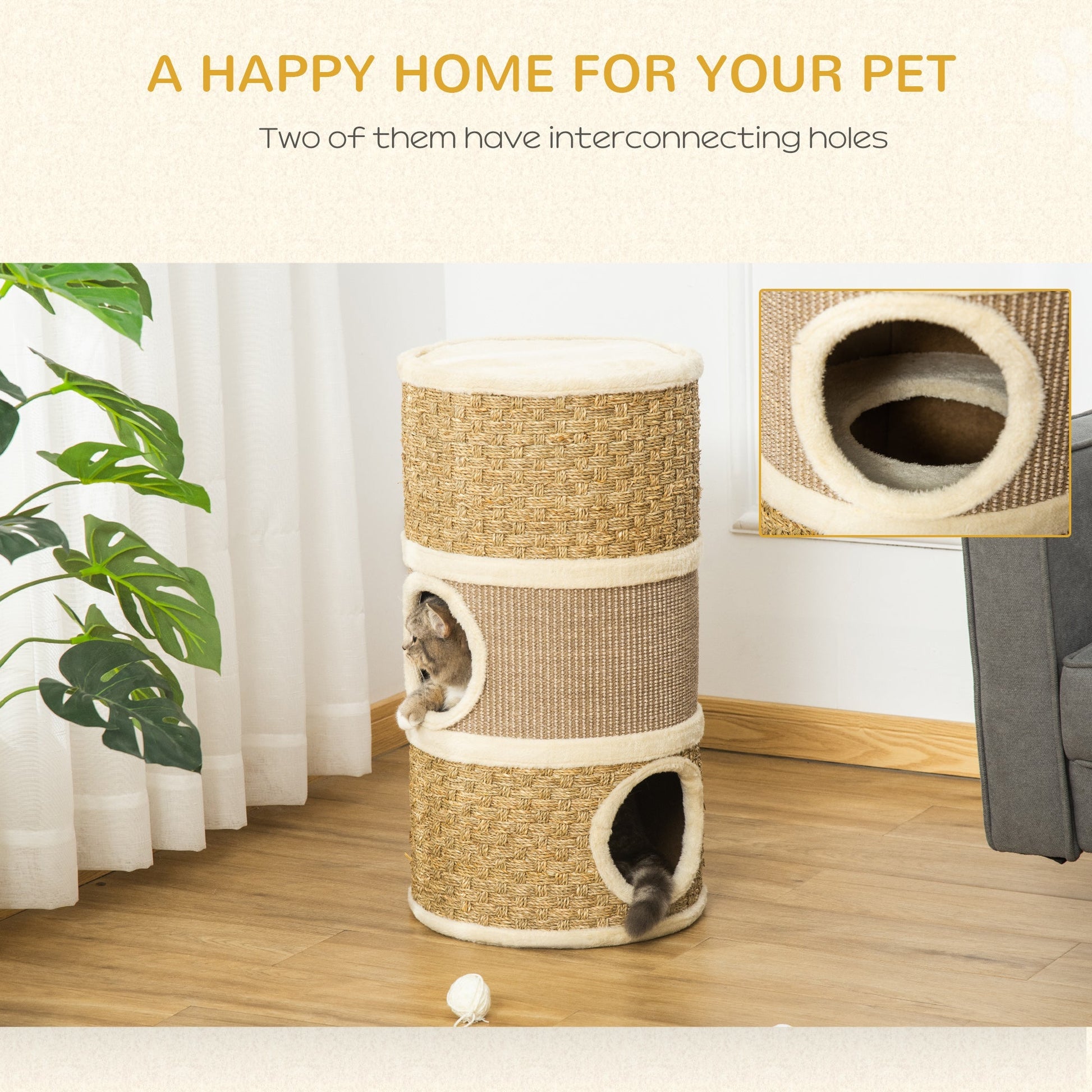 The Bramble Paws Cat Barrel – Indoor Scratching Tower with Sisal, Seaweed Rope & Plush Dens - The Timeless Trading Co.