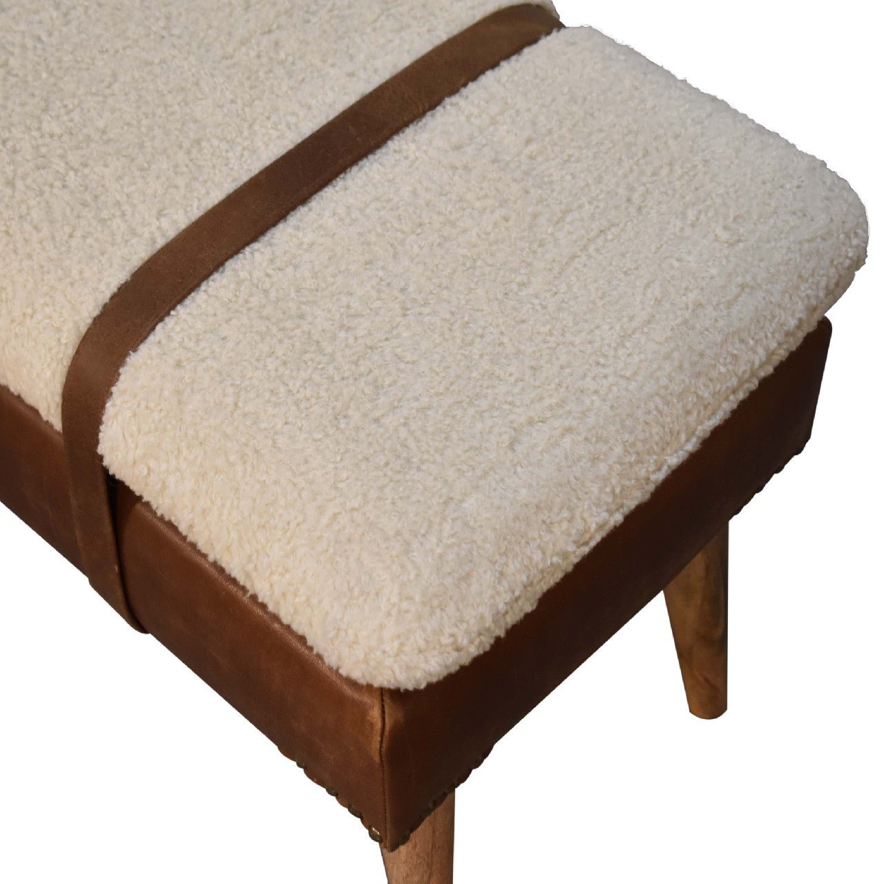 The Calder Tether – Bouclé & Buffalo Hide Bench with Oak - ish Legs - The Timeless Trading Co.