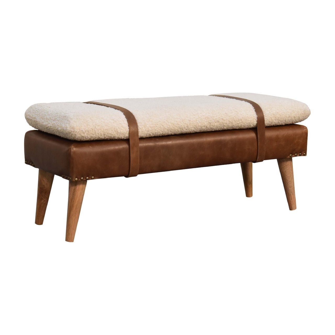 The Calder Tether – Bouclé & Buffalo Hide Bench with Oak - ish Legs - The Timeless Trading Co.