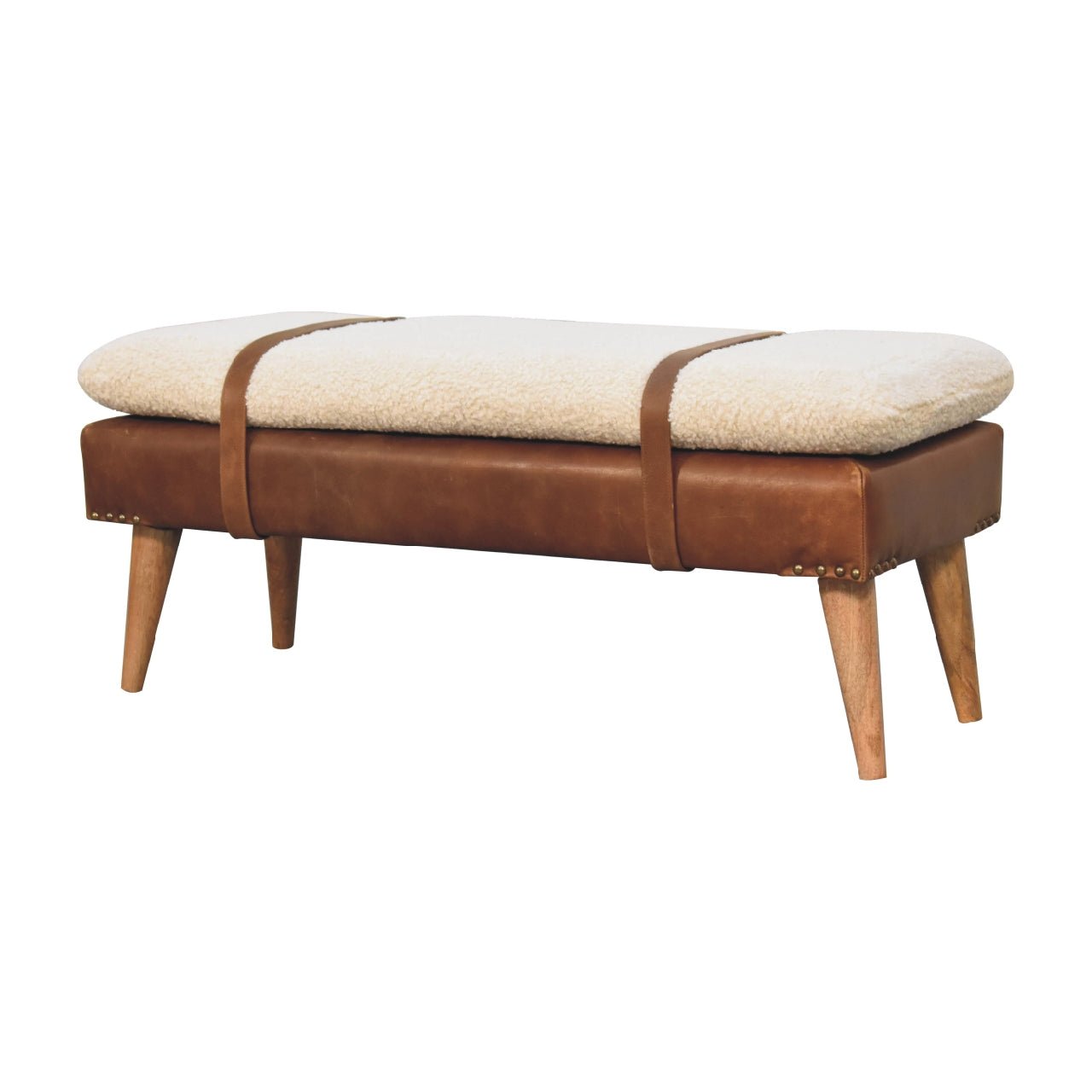The Calder Tether – Bouclé & Buffalo Hide Bench with Oak - ish Legs - The Timeless Trading Co.