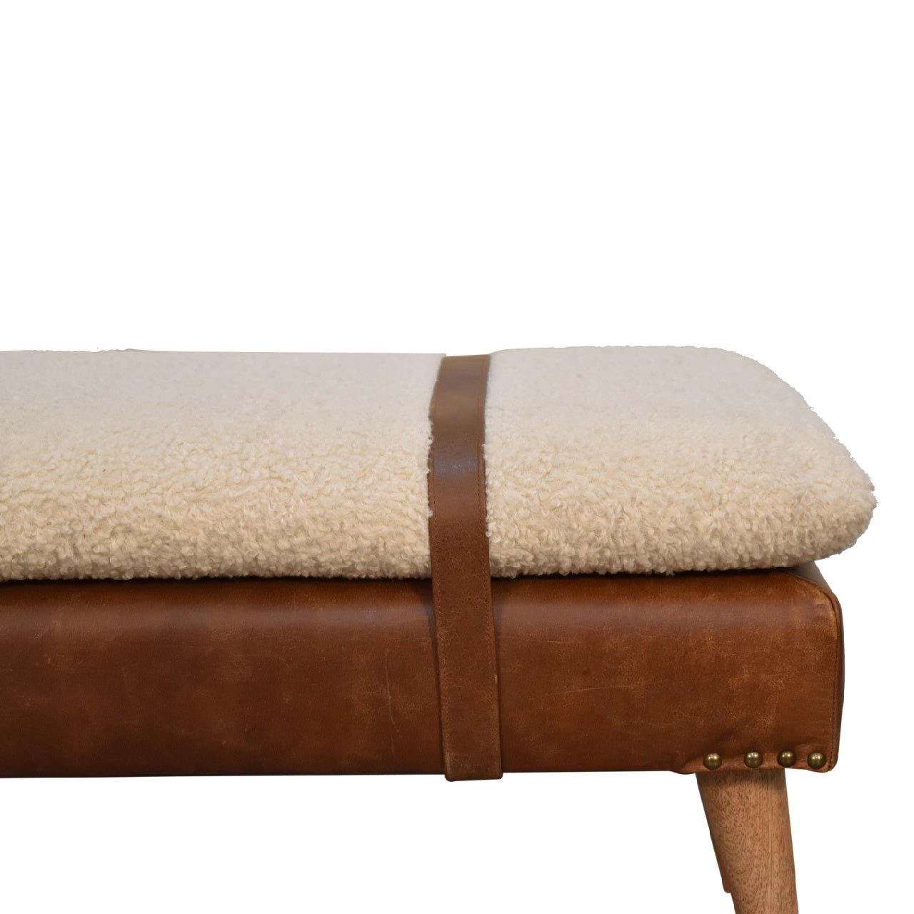 The Calder Tether – Bouclé & Buffalo Hide Bench with Oak - ish Legs - The Timeless Trading Co.