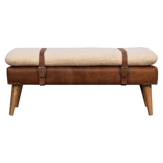 The Calder Tether – Bouclé & Buffalo Hide Bench with Oak - ish Legs - The Timeless Trading Co.