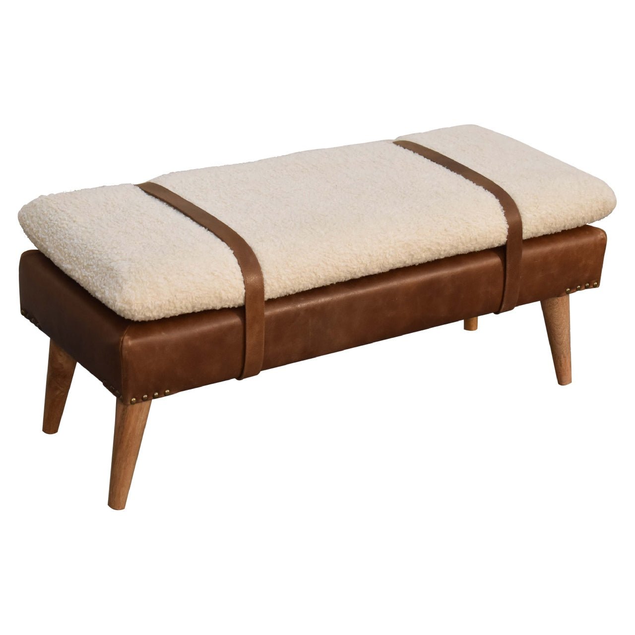 The Calder Tether – Bouclé & Buffalo Hide Bench with Oak - ish Legs - The Timeless Trading Co.