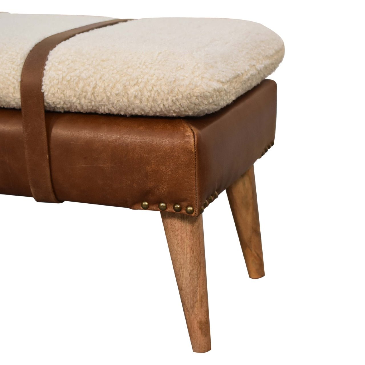The Calder Tether – Bouclé & Buffalo Hide Bench with Oak - ish Legs - The Timeless Trading Co.