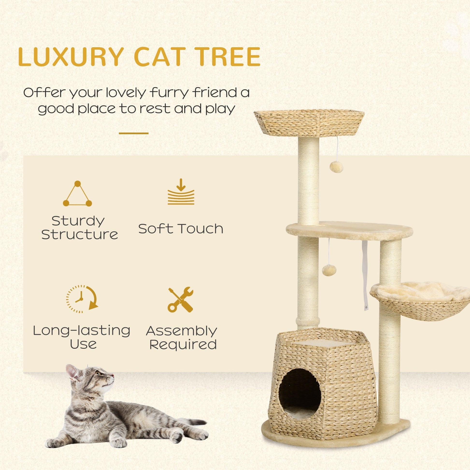 The Cattail Cat Tree Tower – Indoor Climbing Centre with Sisal Posts, Plush Beds & Hanging Toys - The Timeless Trading Co.
