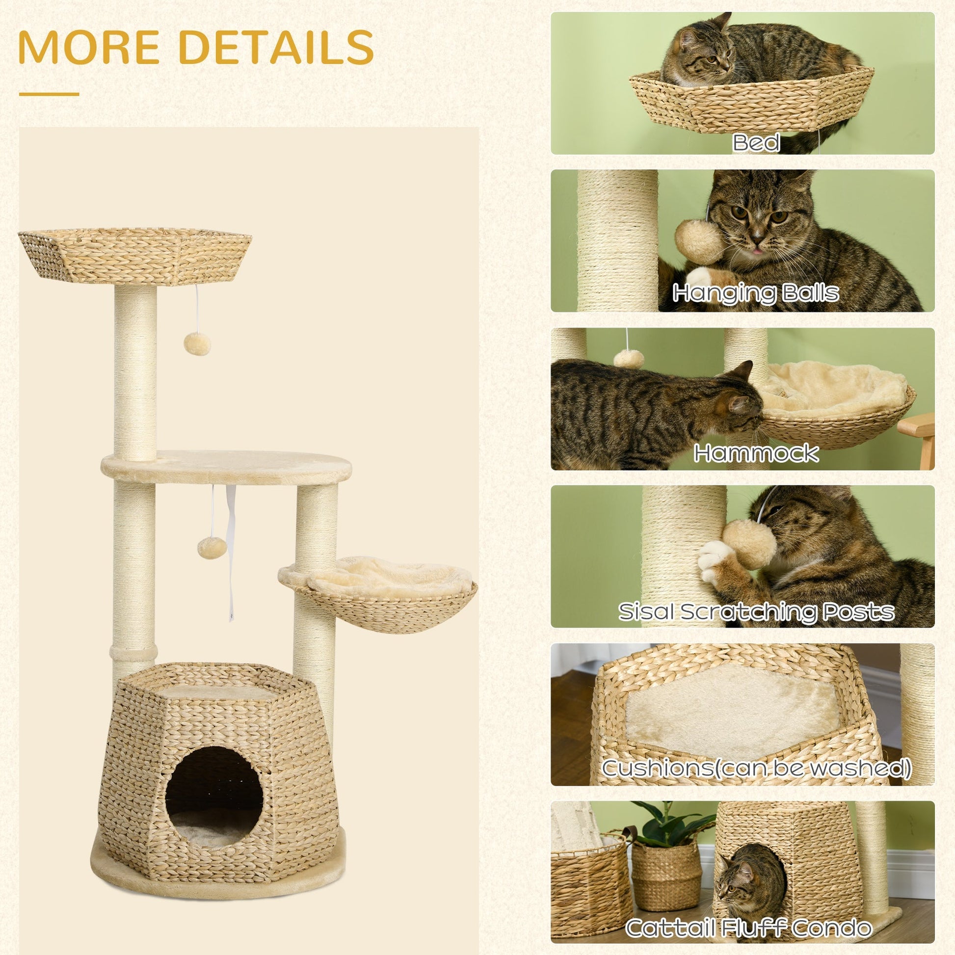 The Cattail Cat Tree Tower – Indoor Climbing Centre with Sisal Posts, Plush Beds & Hanging Toys - The Timeless Trading Co.