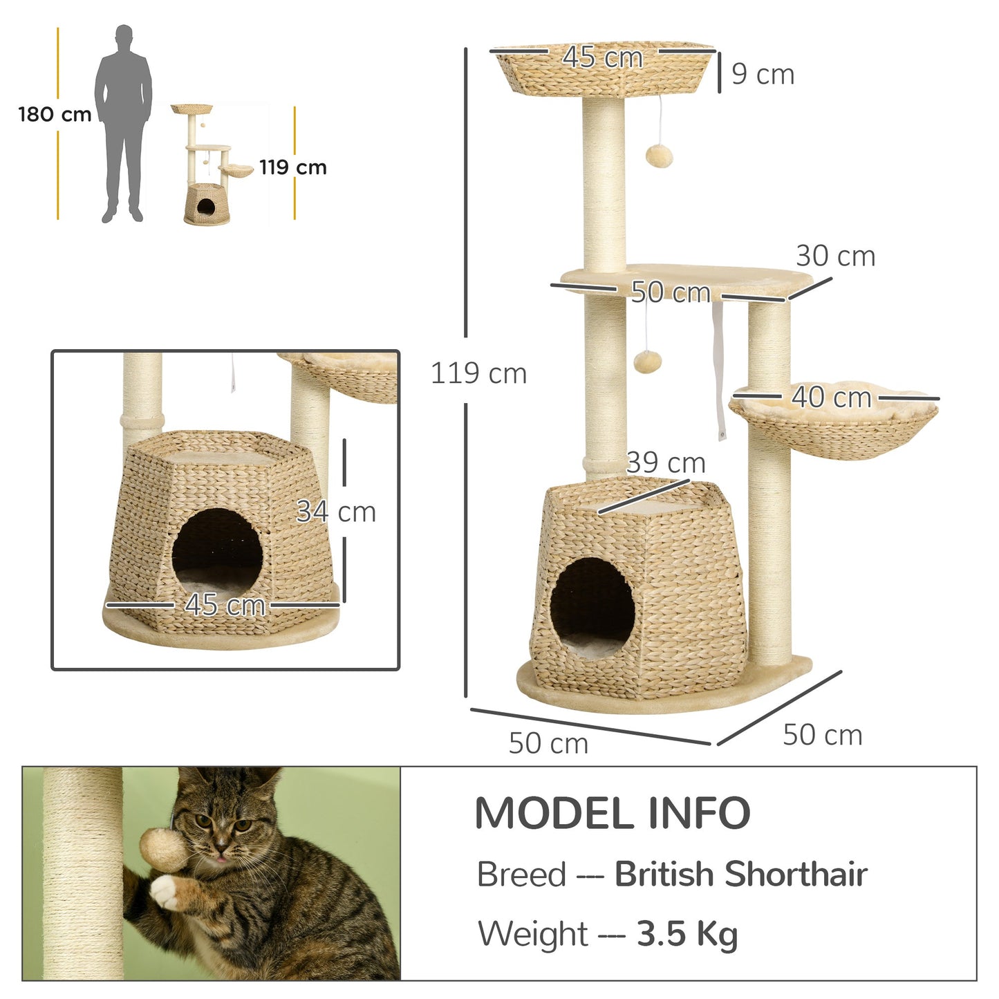 The Cattail Cat Tree Tower – Indoor Climbing Centre with Sisal Posts, Plush Beds & Hanging Toys - The Timeless Trading Co.