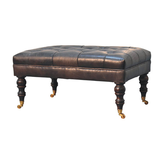 The Edgcumbe Ottoman – Ash Black Buffalo Hide & Castor - Leg Seat - The Timeless Trading Co.