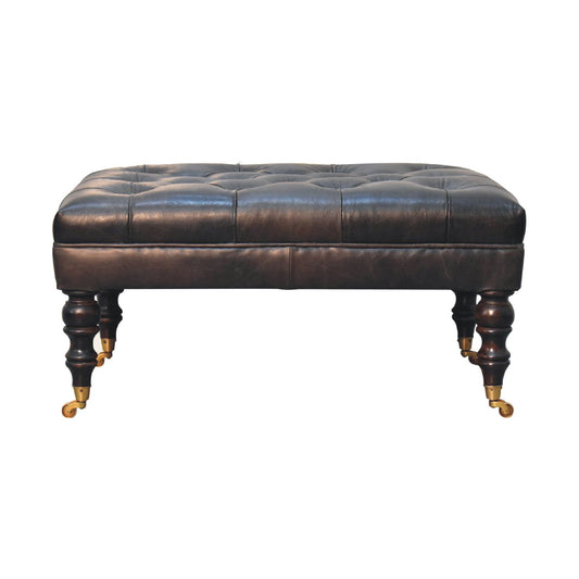 The Edgcumbe Ottoman – Ash Black Buffalo Hide & Castor - Leg Seat - The Timeless Trading Co.