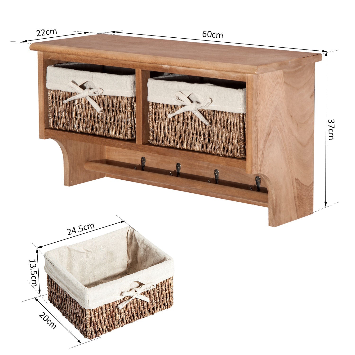 The Eldenbrook Hallway Keeper — Wall Shelf with Wicker Baskets & Hooks - The Timeless Trading Co.