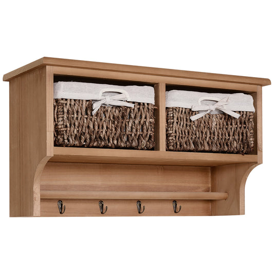 The Eldenbrook Hallway Keeper — Wall Shelf with Wicker Baskets & Hooks - The Timeless Trading Co.