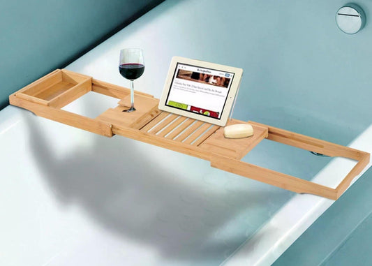The Elstead Bath Caddy – Extendable Bamboo Shelf for Rituals & Reading - The Timeless Trading Co.