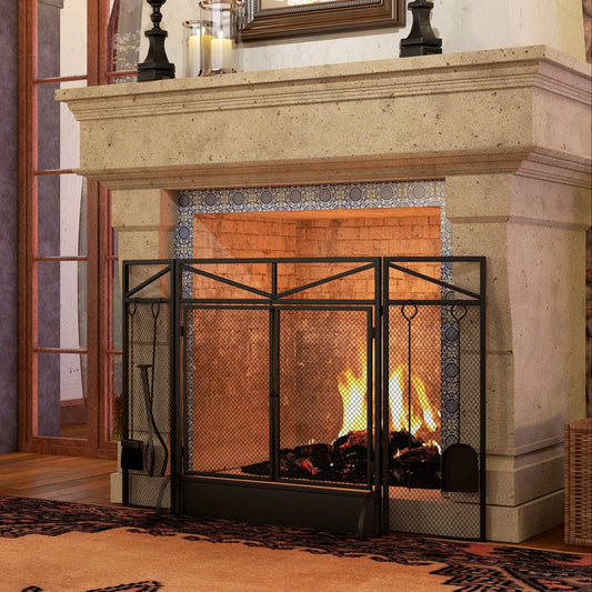 The Emberdance Screen — Folding Fire Guard with Hearth Tools - The Timeless Trading Co.