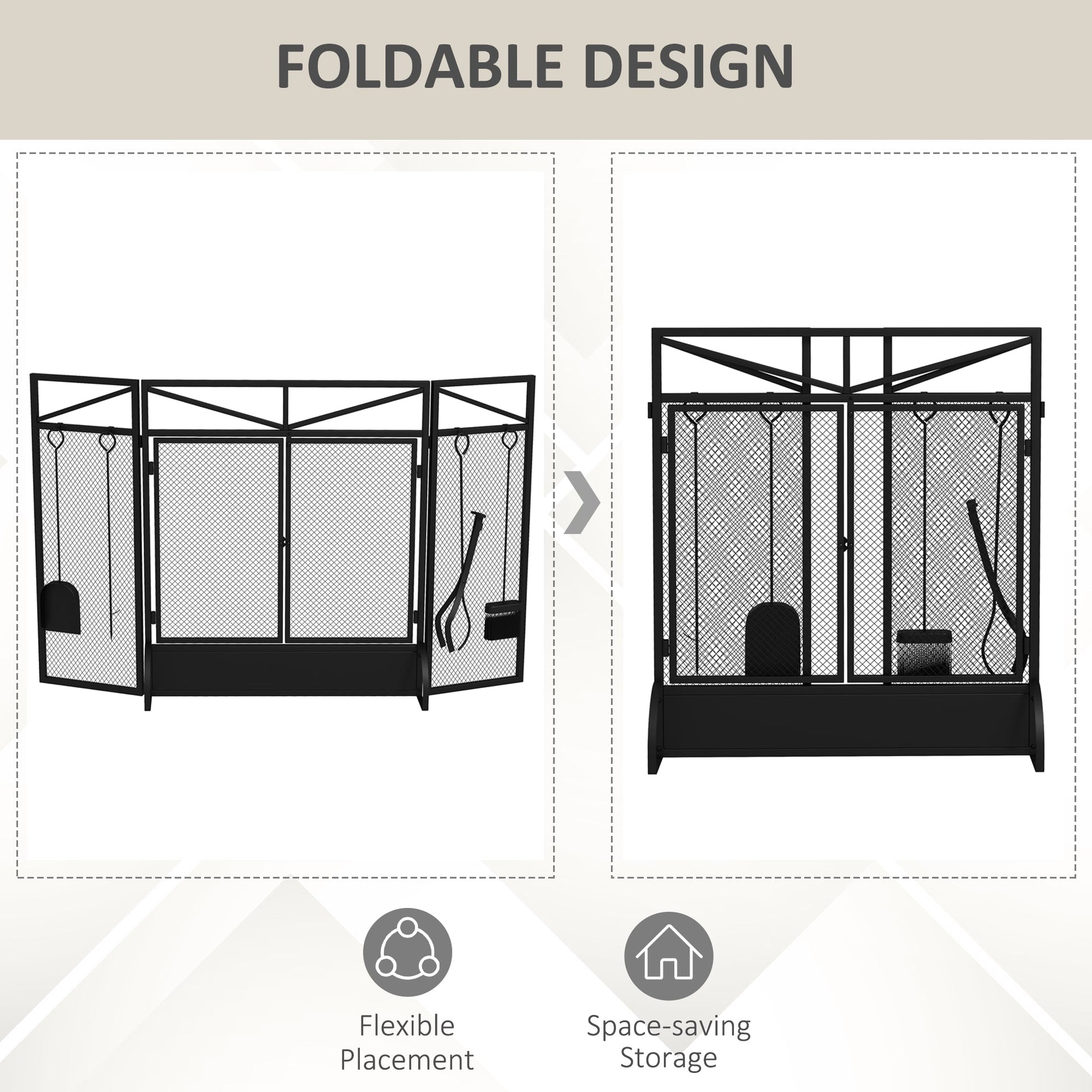 The Emberdance Screen — Folding Fire Guard with Hearth Tools - The Timeless Trading Co.