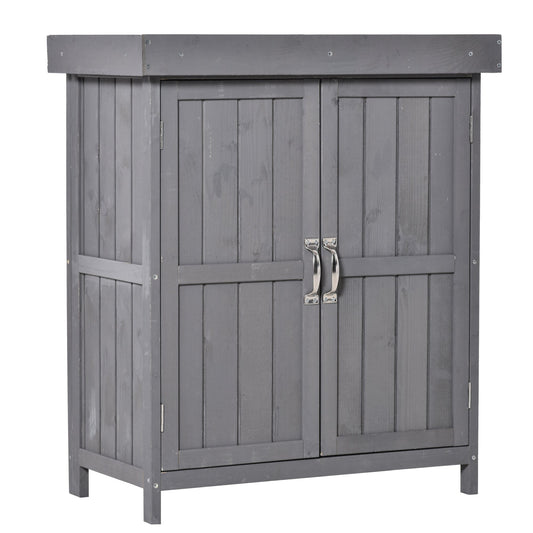 The Garden Almanack Shed – Grey Wood with Shelves & Doors - The Timeless Trading Co.