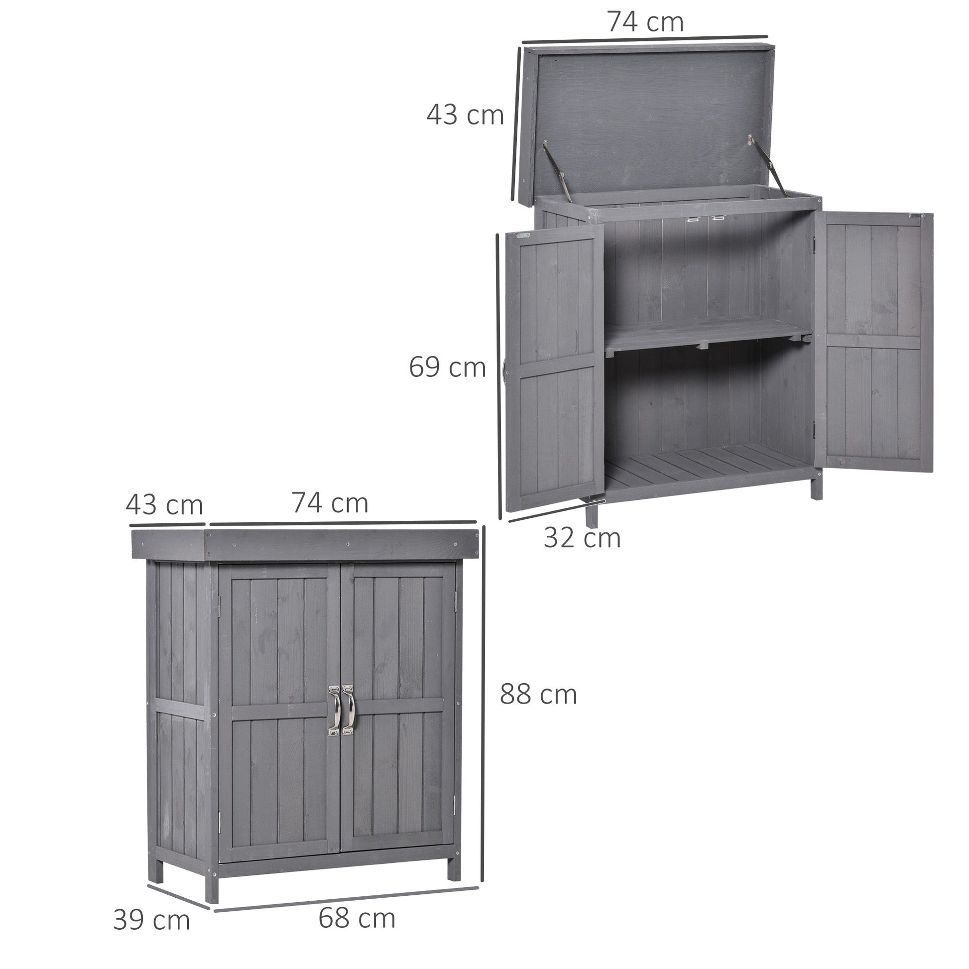 The Garden Almanack Shed – Grey Wood with Shelves & Doors - The Timeless Trading Co.