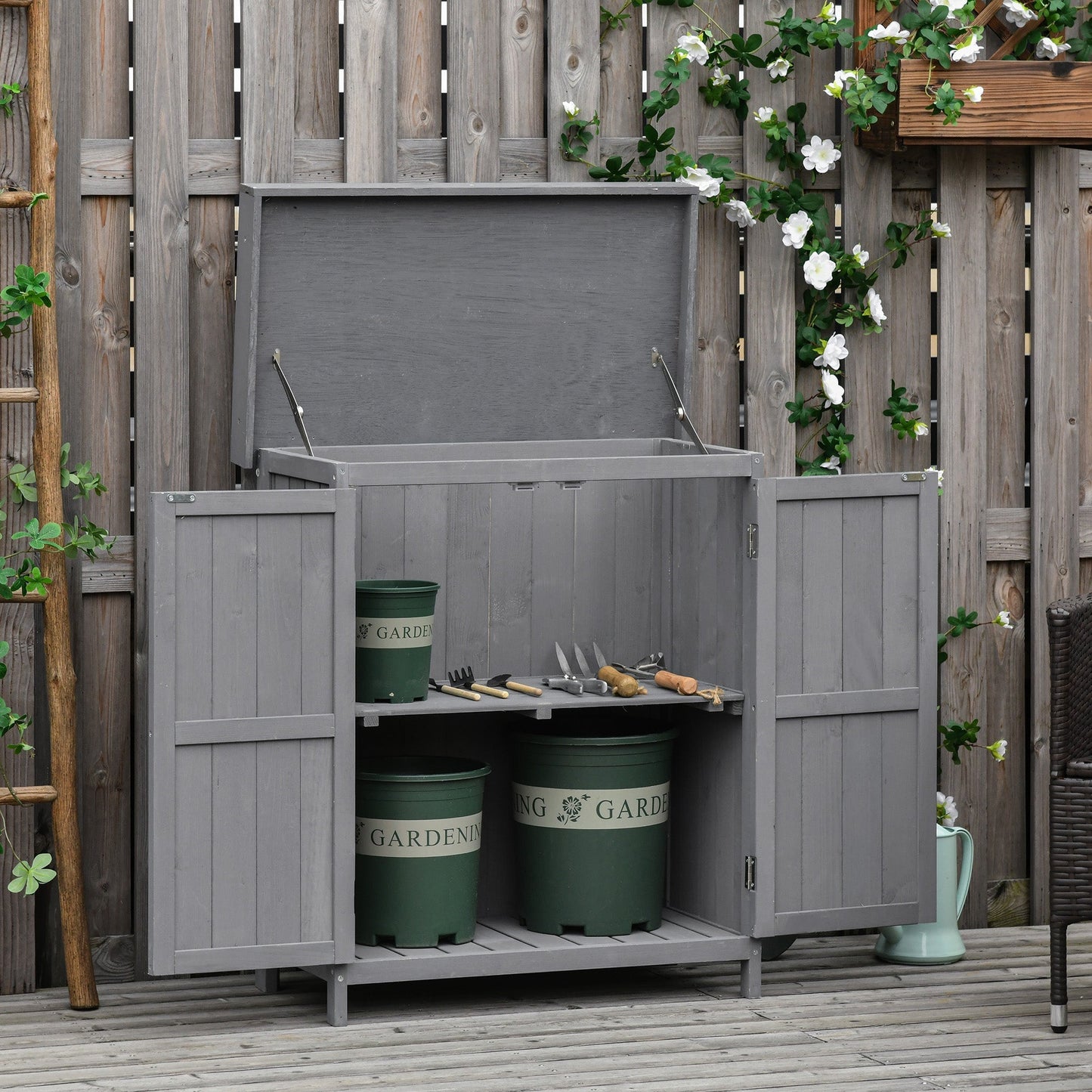The Garden Almanack Shed – Grey Wood with Shelves & Doors - The Timeless Trading Co.