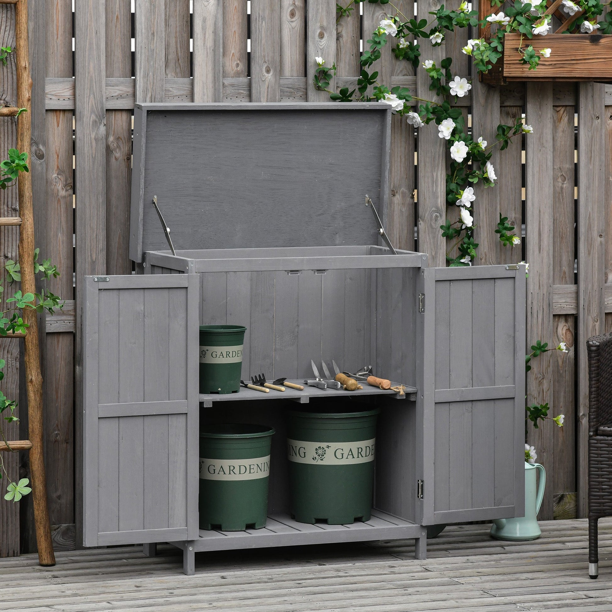 The Garden Almanack Shed – Grey Wood with Shelves & Doors - The Timeless Trading Co.