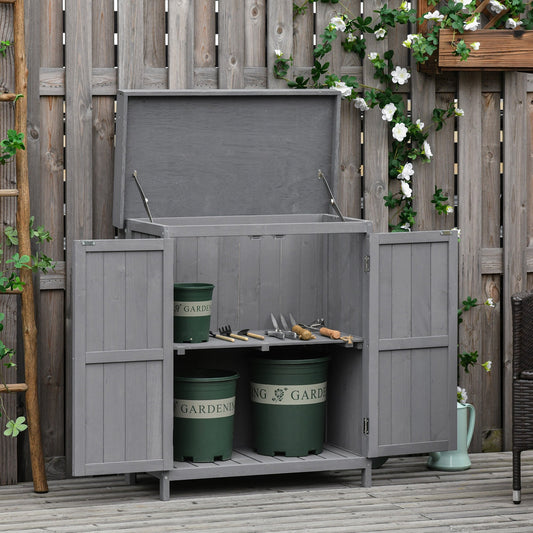 The Garden Almanack Shed – Grey Wood with Shelves & Doors - The Timeless Trading Co.