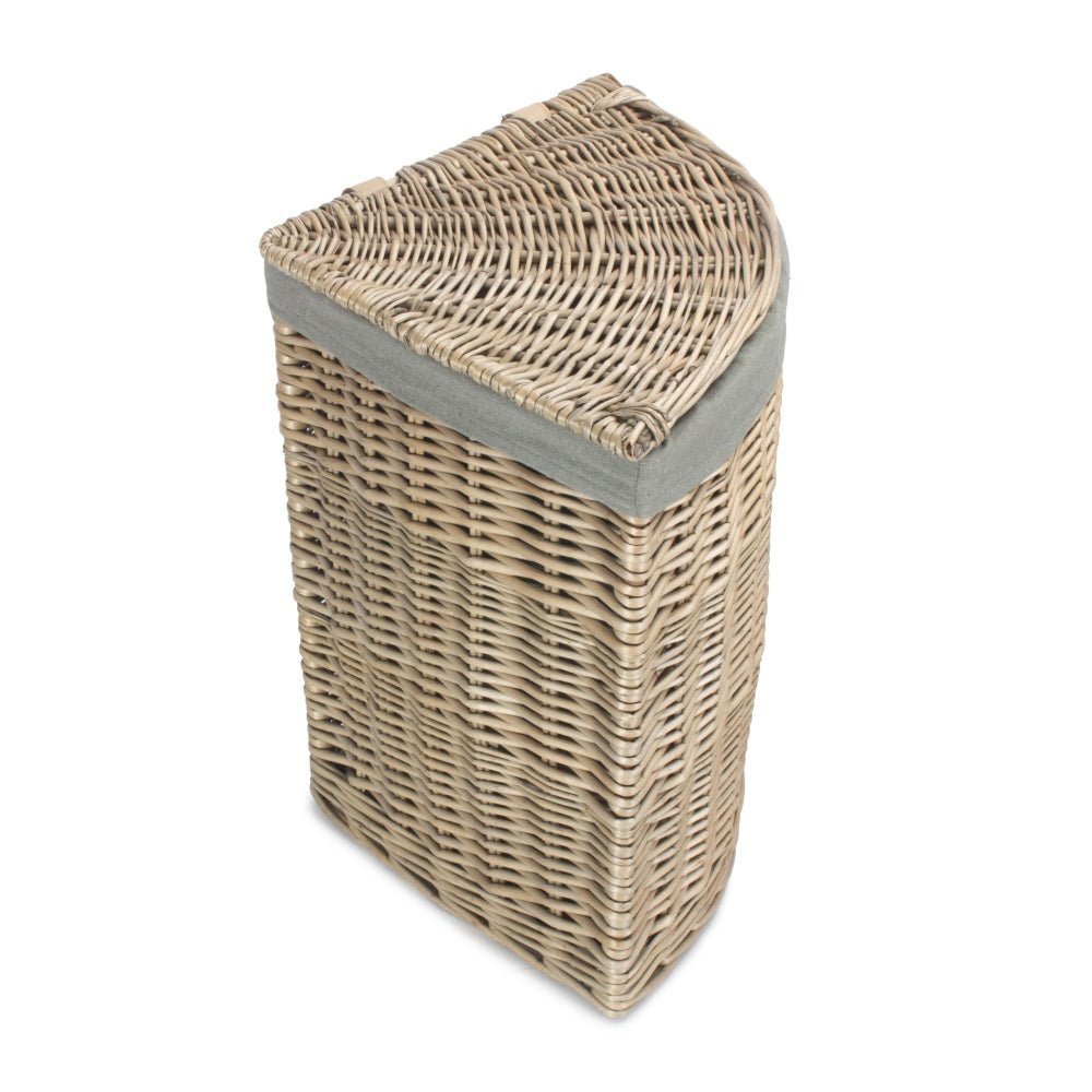 The Melford Corner Keeper – Antique Wash Linen Basket with Grey Sage Lining - The Timeless Trading Co.