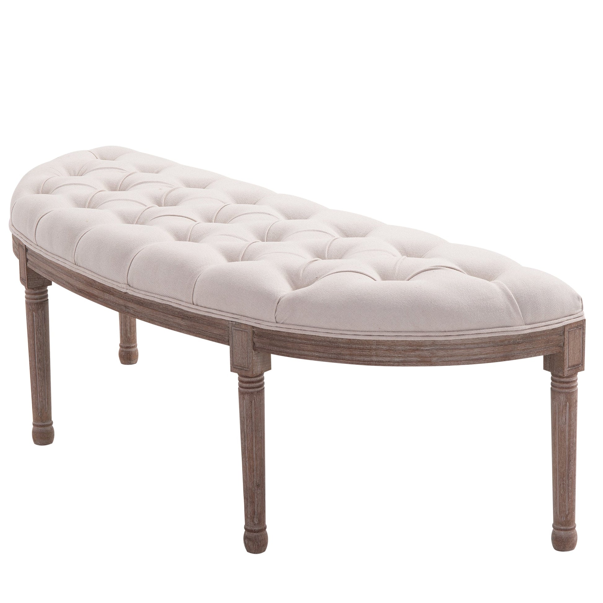 The Settler’s Curve – Cream Tufted Ottoman with Brushed Wood Base - The Timeless Trading Co.