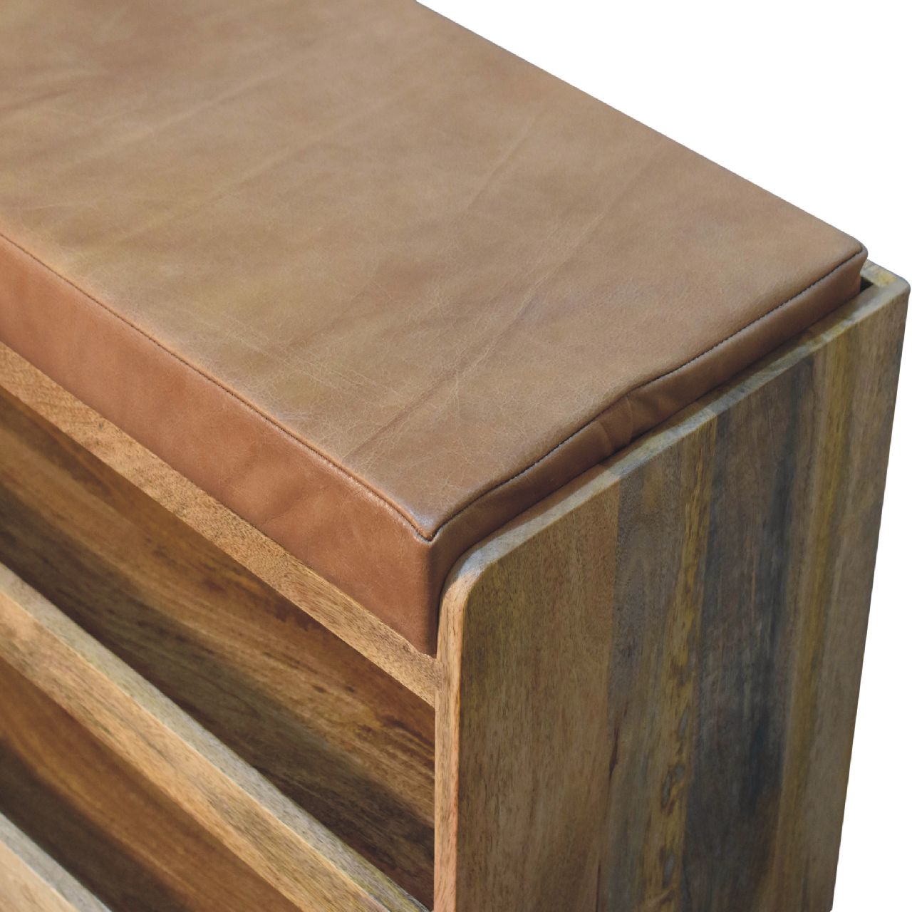 The Stanhope Ramble – Buffalo Hide Shoe Bench with Oak - ish Drawers - The Timeless Trading Co.
