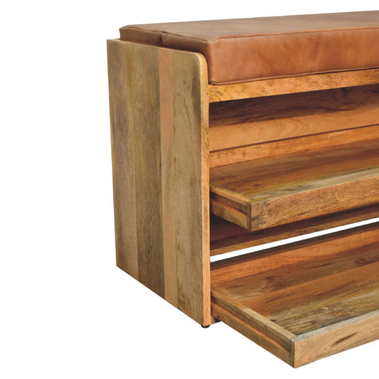 The Stanhope Ramble – Buffalo Hide Shoe Bench with Oak - ish Drawers - The Timeless Trading Co.