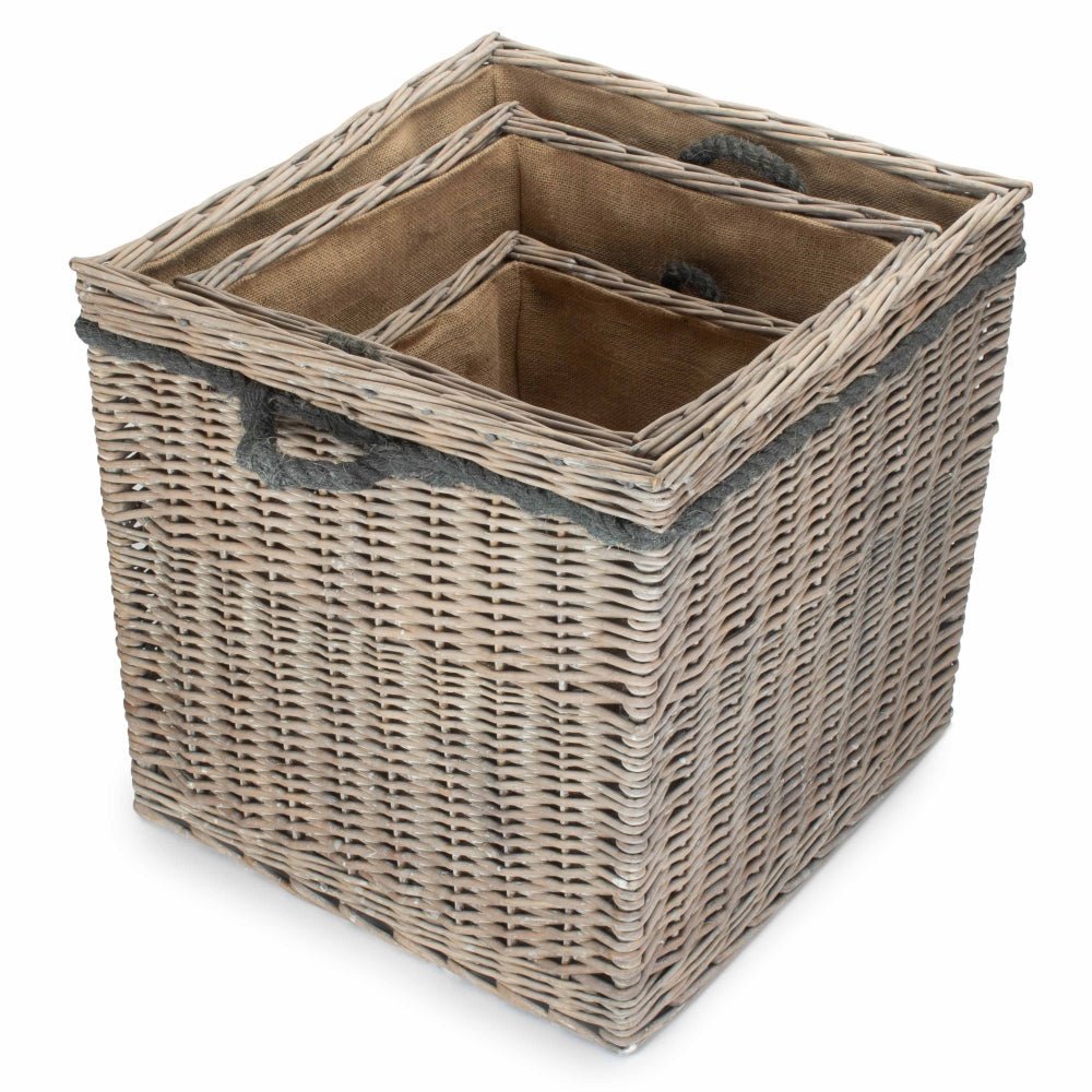 The Thornleigh Hearth Log Keeper – Grey Wash Willow & Hessian Lined - The Timeless Trading Co.