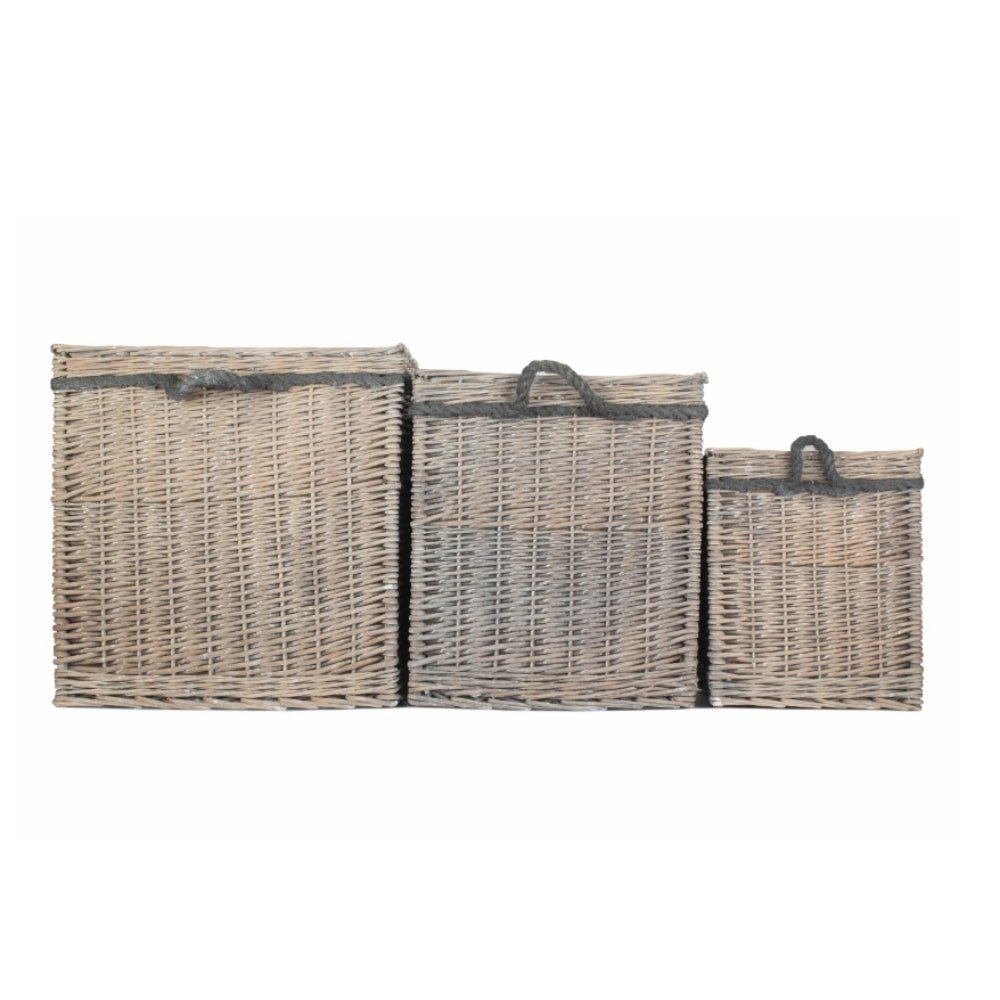 The Thornleigh Hearth Log Keeper – Grey Wash Willow & Hessian Lined - The Timeless Trading Co.