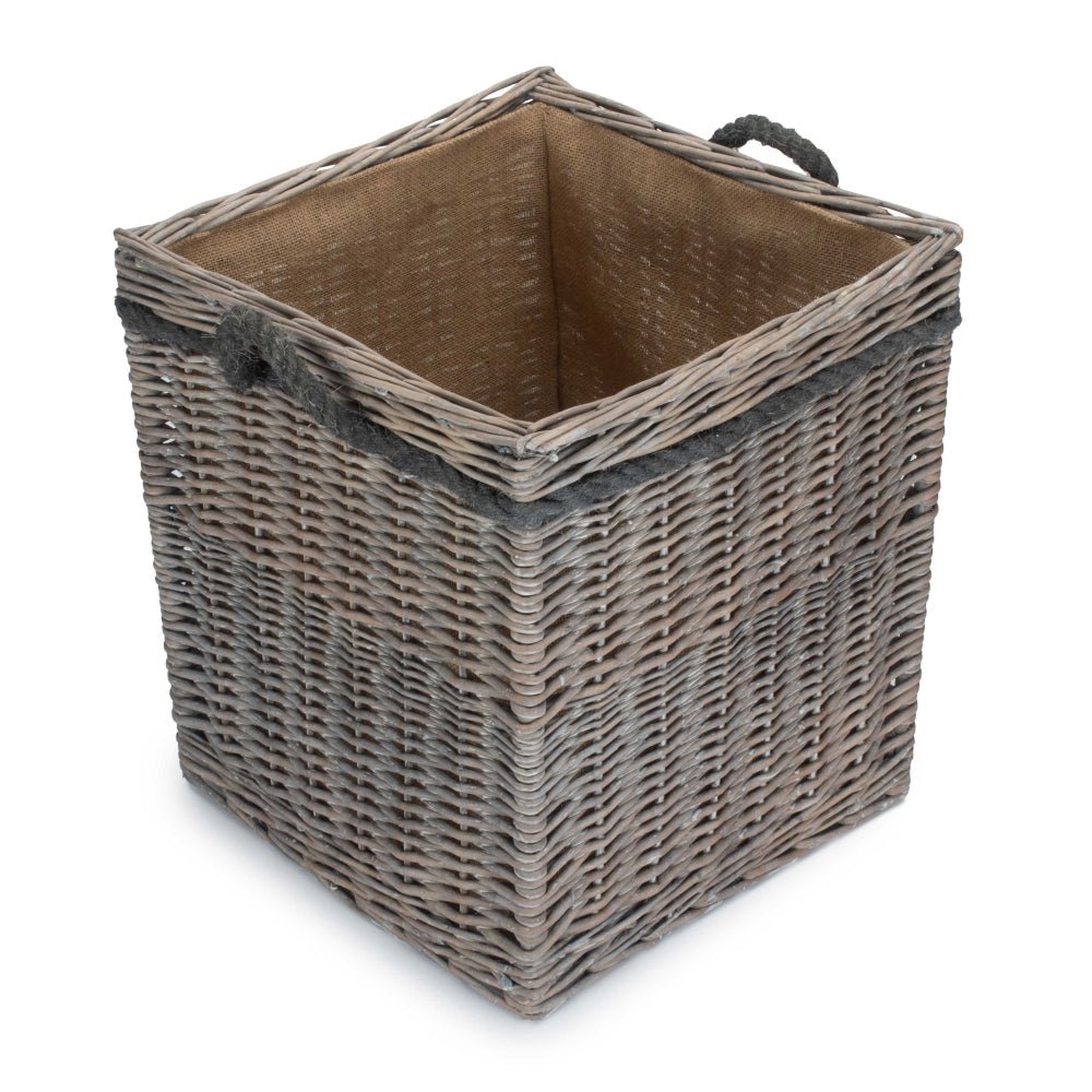 The Thornleigh Hearth Log Keeper – Grey Wash Willow & Hessian Lined - The Timeless Trading Co.