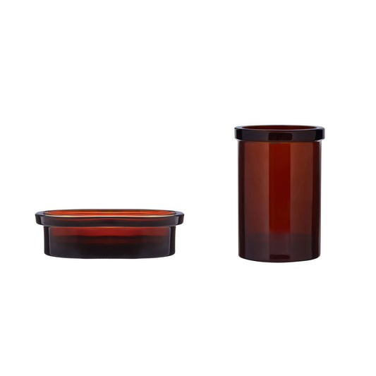 The Wetherby Amber Glass Bathroom Set – Soap Dish & Tumbler - The Timeless Trading Co.