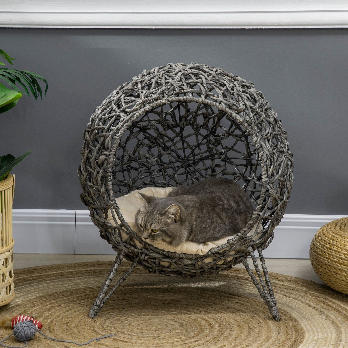The Willow Whim – Elevated Rattan Cat Bed in Silver & Grey - The Timeless Trading Co.