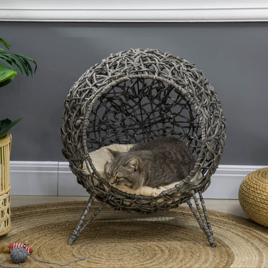 The Willow Whim – Elevated Rattan Cat Bed in Silver & Grey - The Timeless Trading Co.