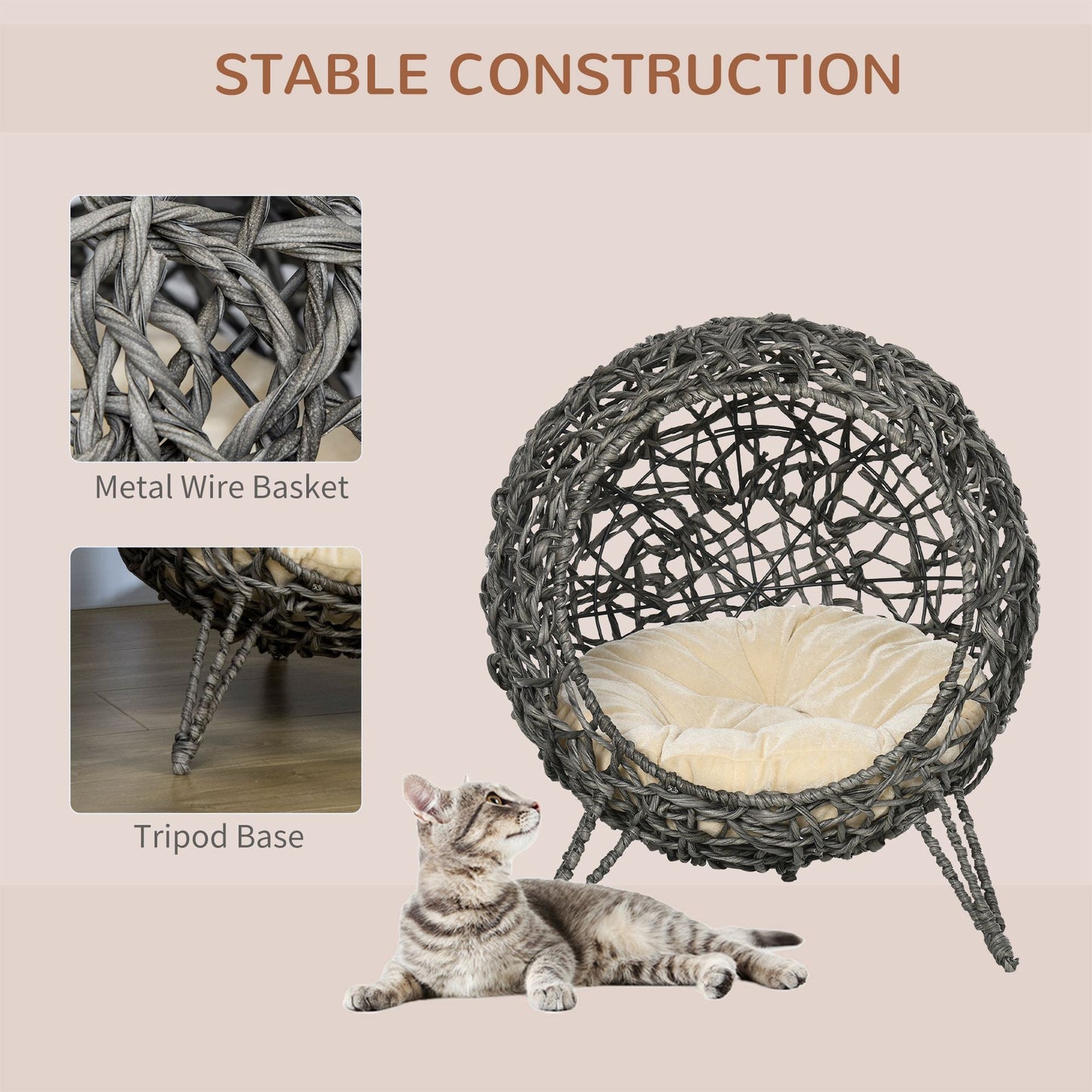 The Willow Whim – Elevated Rattan Cat Bed in Silver & Grey - The Timeless Trading Co.