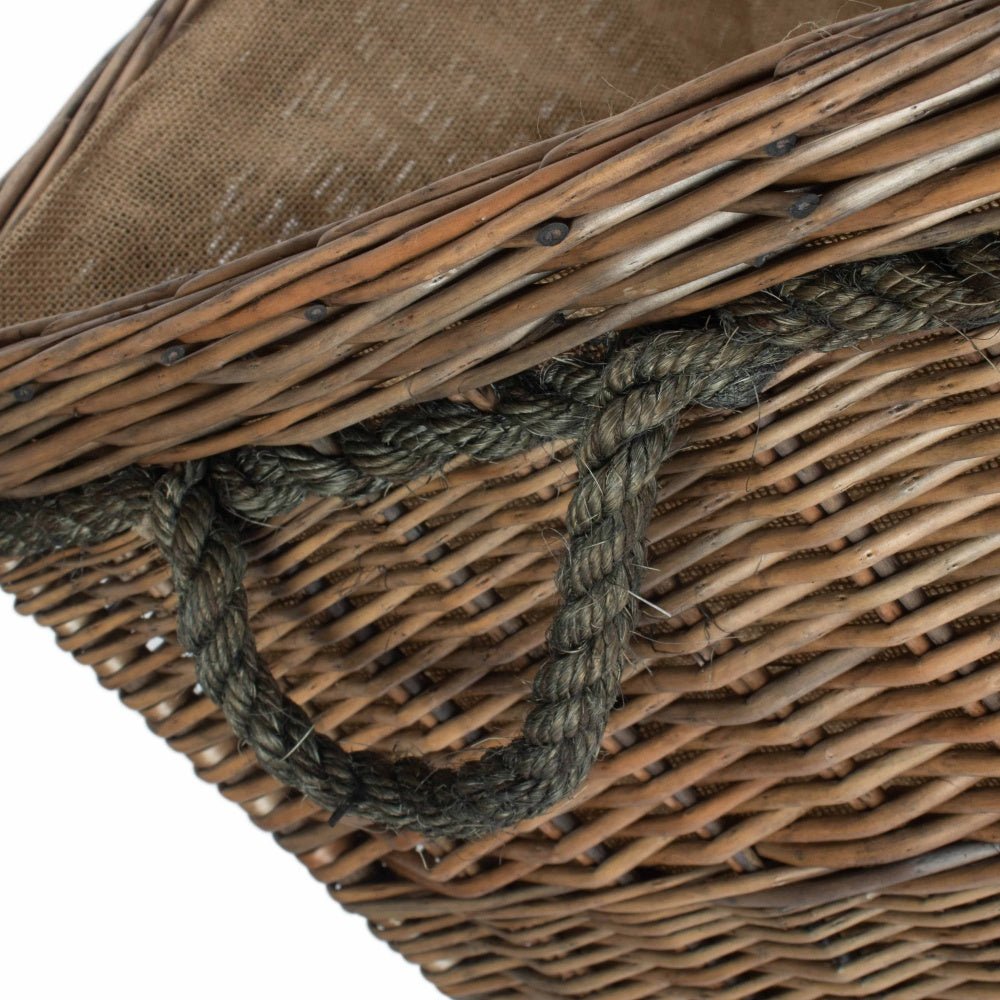 Close-up view of rope handle on jumbo wicker log basket, part of The Thornleigh Collection, showing woven attachment and natural texture
