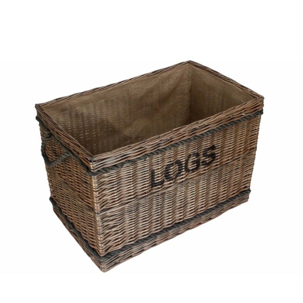 Interior view of jumbo wicker log basket with rope handles, part of The Thornleigh Collection, showing open top and woven texture