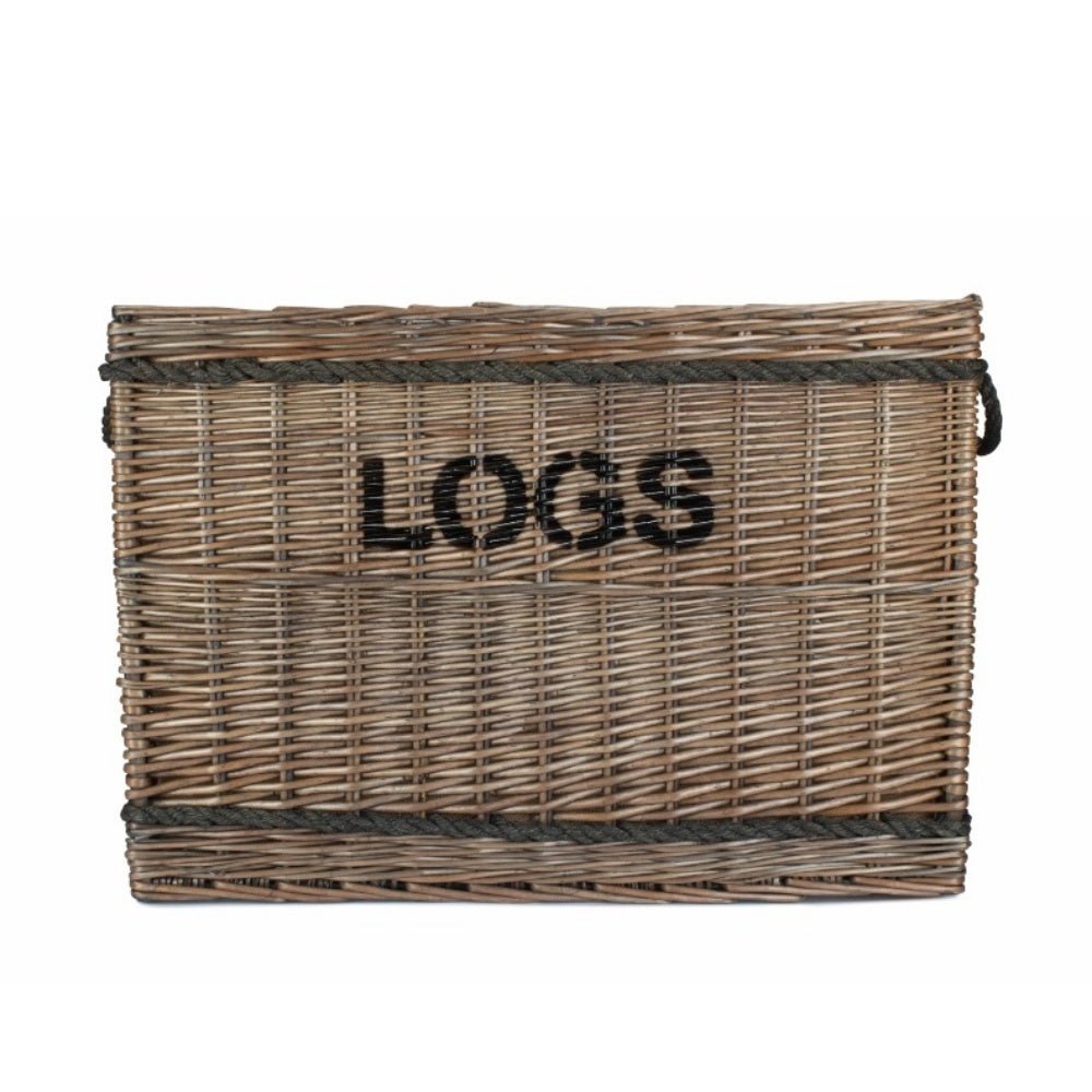 Side view of jumbo wicker log basket with rope handles, part of The Thornleigh Collection, showing curved profile and woven texture