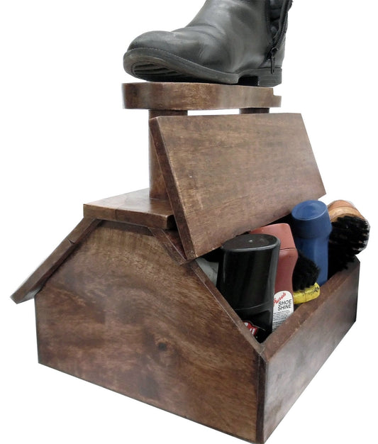 Freestanding mango wood shoe shine cabinet with twin hinged lids — ideal for hallway storage and timeless care rituals