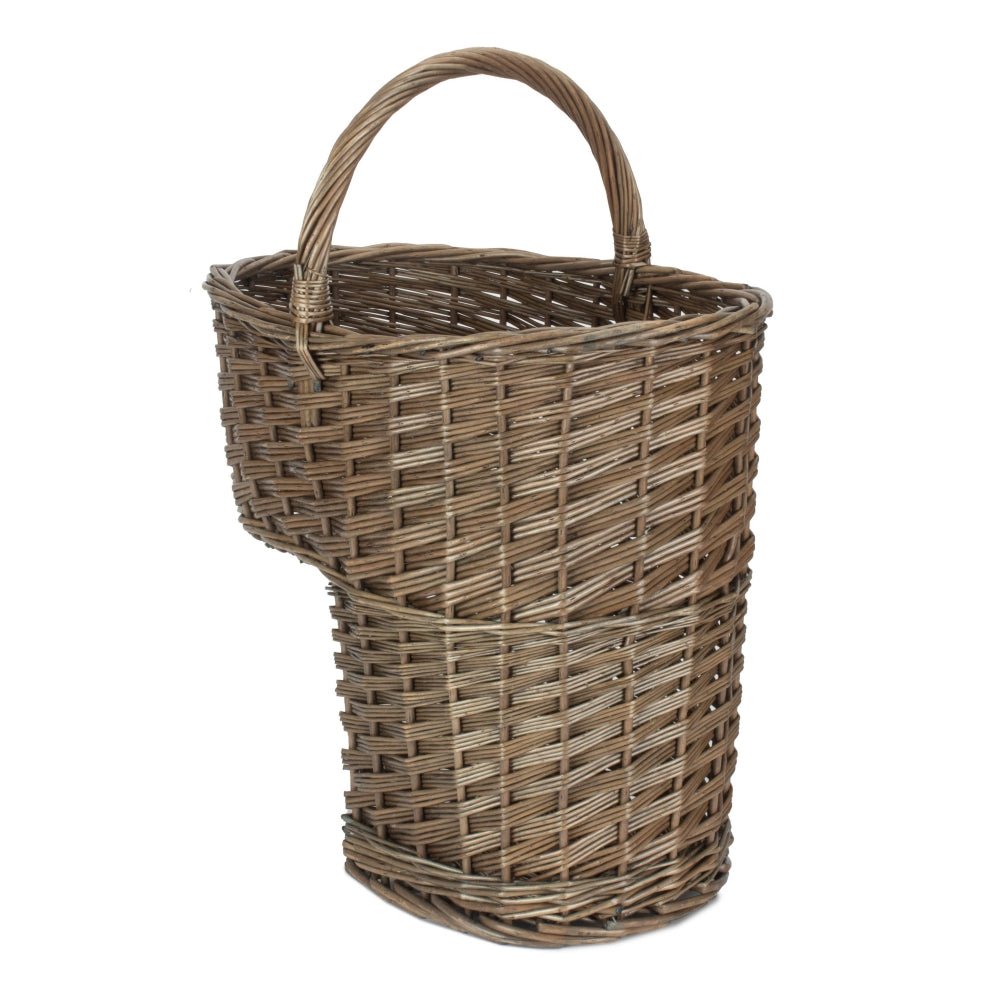Front view of antique wash willow stair basket with curved carry handle — unlined, heritage-style hallway organiser