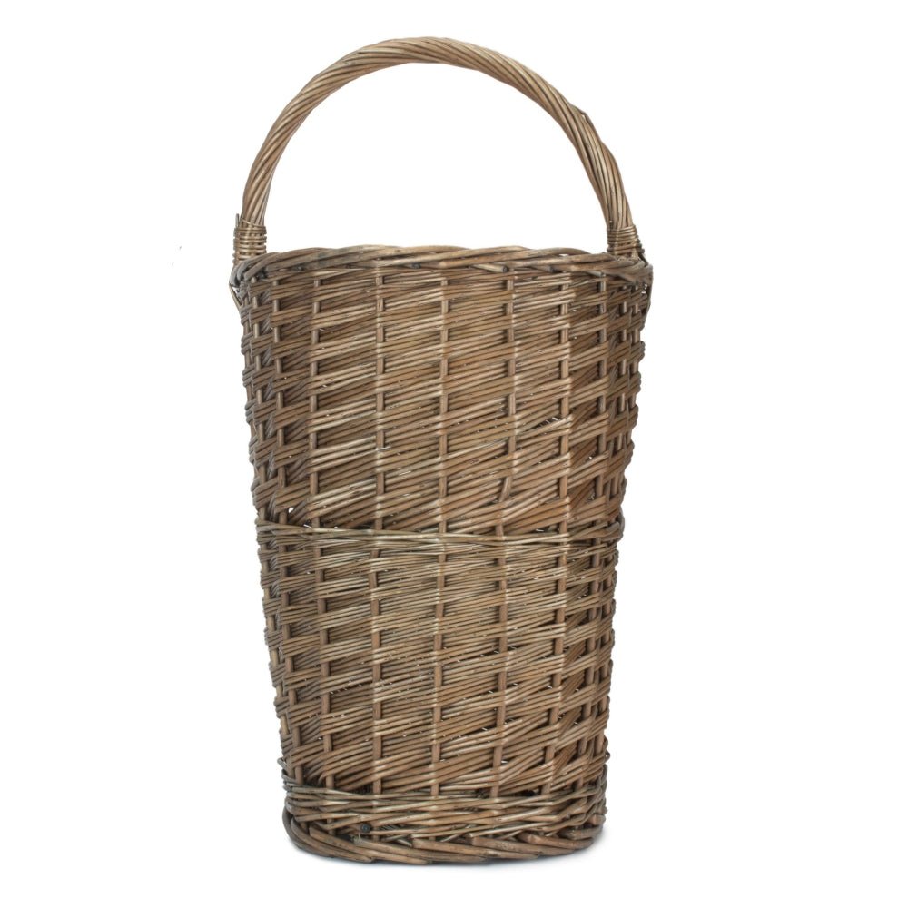 Antique wash willow stair basket with curved carry handle — unlined, ideal for hallway storage