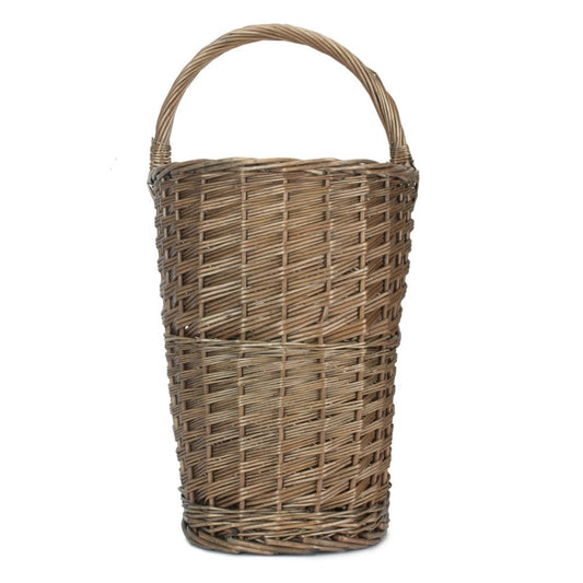 Antique wash willow stair basket with curved carry handle — unlined, ideal for hallway storage