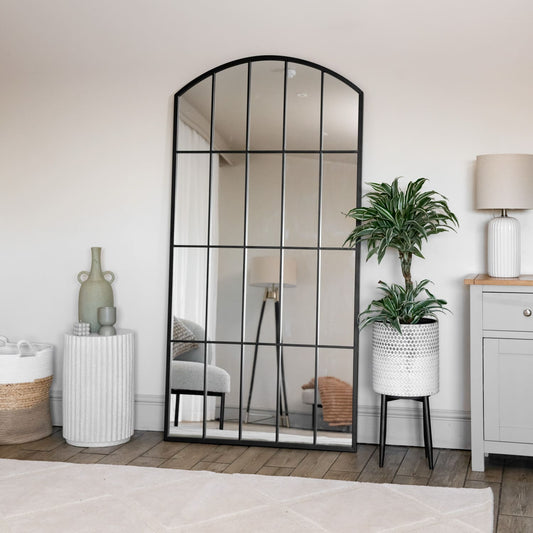 Full-length black arched lattice mirror — 150cm x 60cm frame styled for hallway depth and heritage-inspired interiors
