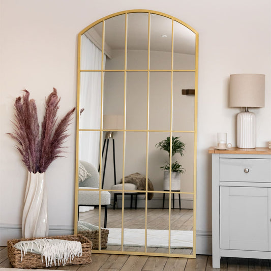 Full-length gold arched lattice mirror with windowpane design — 180cm x 90cm frame styled for hallway warmth and timeless interiors