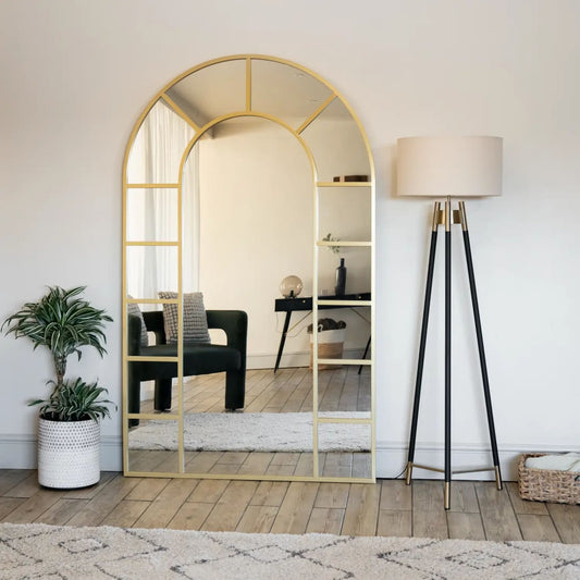 Full-length gold arched lattice mirror — 180cm x 90cm frame styled for hallway warmth and heritage-inspired interiors