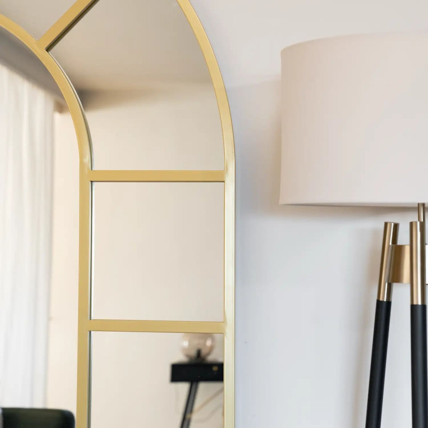 Side view of gold arched lattice mirror — 180cm x 90cm frame with curved metal profile and antique-style finish