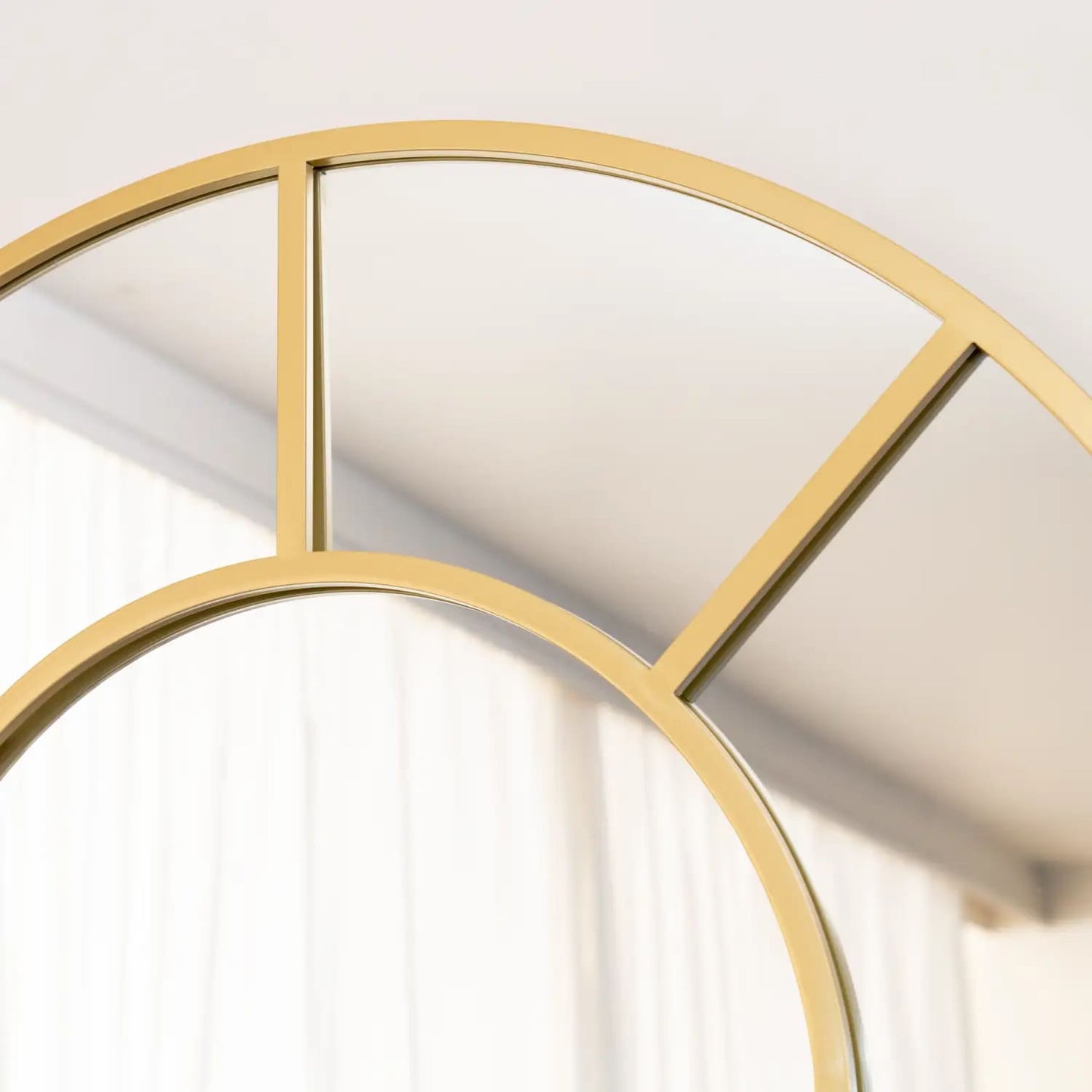 Top detail of gold arched lattice mirror — 180cm x 90cm frame with antique-style crown and heritage-inspired windowpane design
